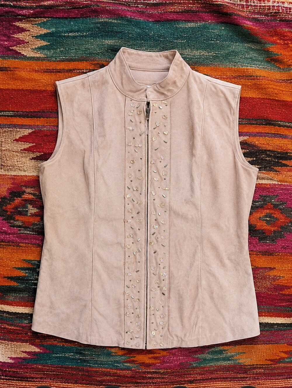 Tan Suede Embellished Vest Knit Back Zipper Front Western Boho Cowgirl Sz L